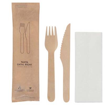 Kraft Kağıt Ambalajlı Tahta Çatal Bıçak Seti 50'li - 1